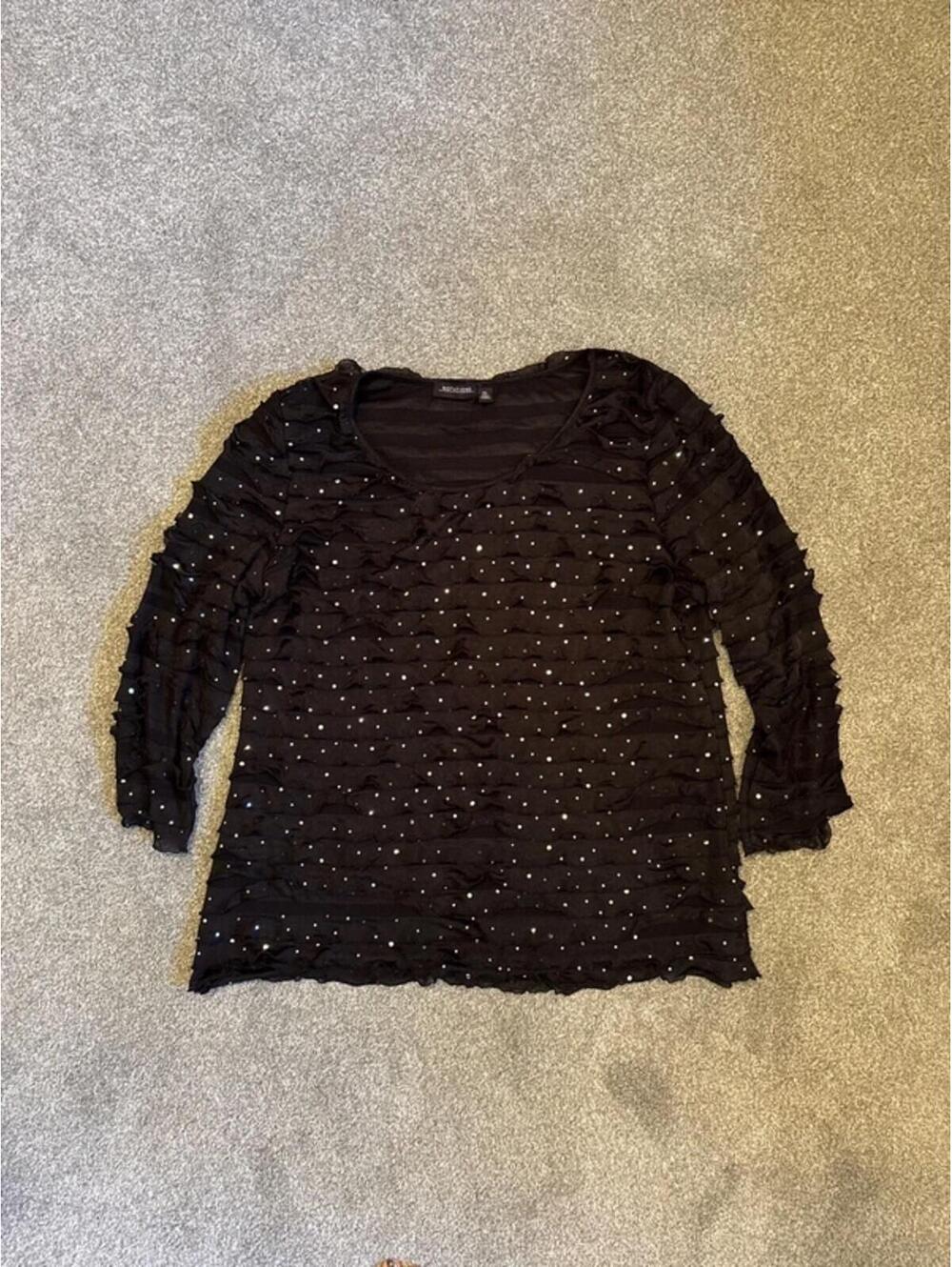Y2K Vintage Notations Ruffled Black 3\4 Sleeve Sequin Top - L